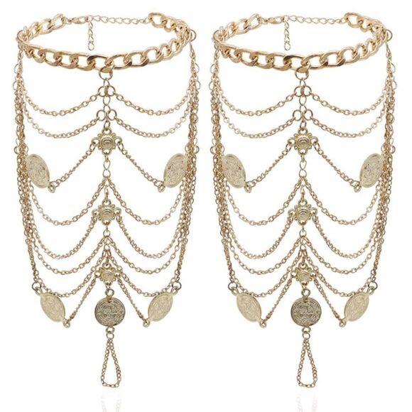 Yellow Gold Multilayered Adjustable Boho Coin Anklet Foot Chains - Set of 2 - Picture 2 of 6
